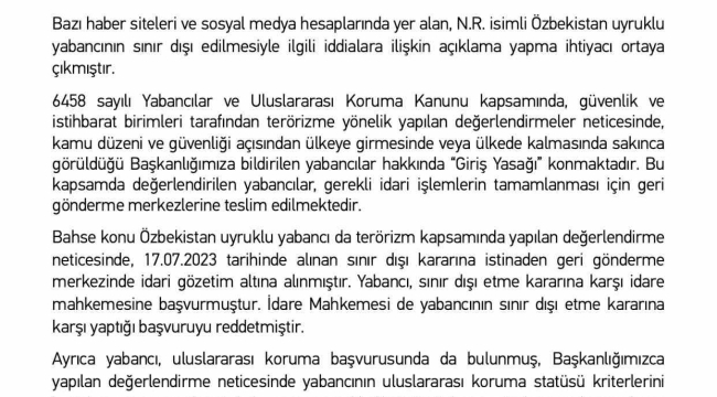 Göç İdaresi Başkanlığı: "Özbekistan uyruklu N.R. sınır dışı edildi"